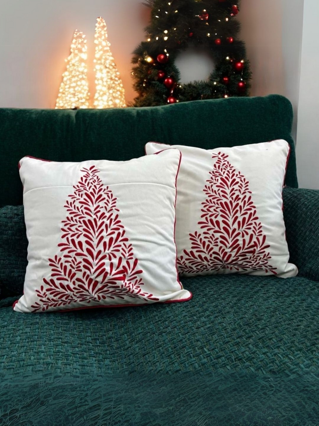 LUSHLYF Tree Tufted Christmas White Abstract Cotton 2 Piece Square Cushion Covers -18x18In
