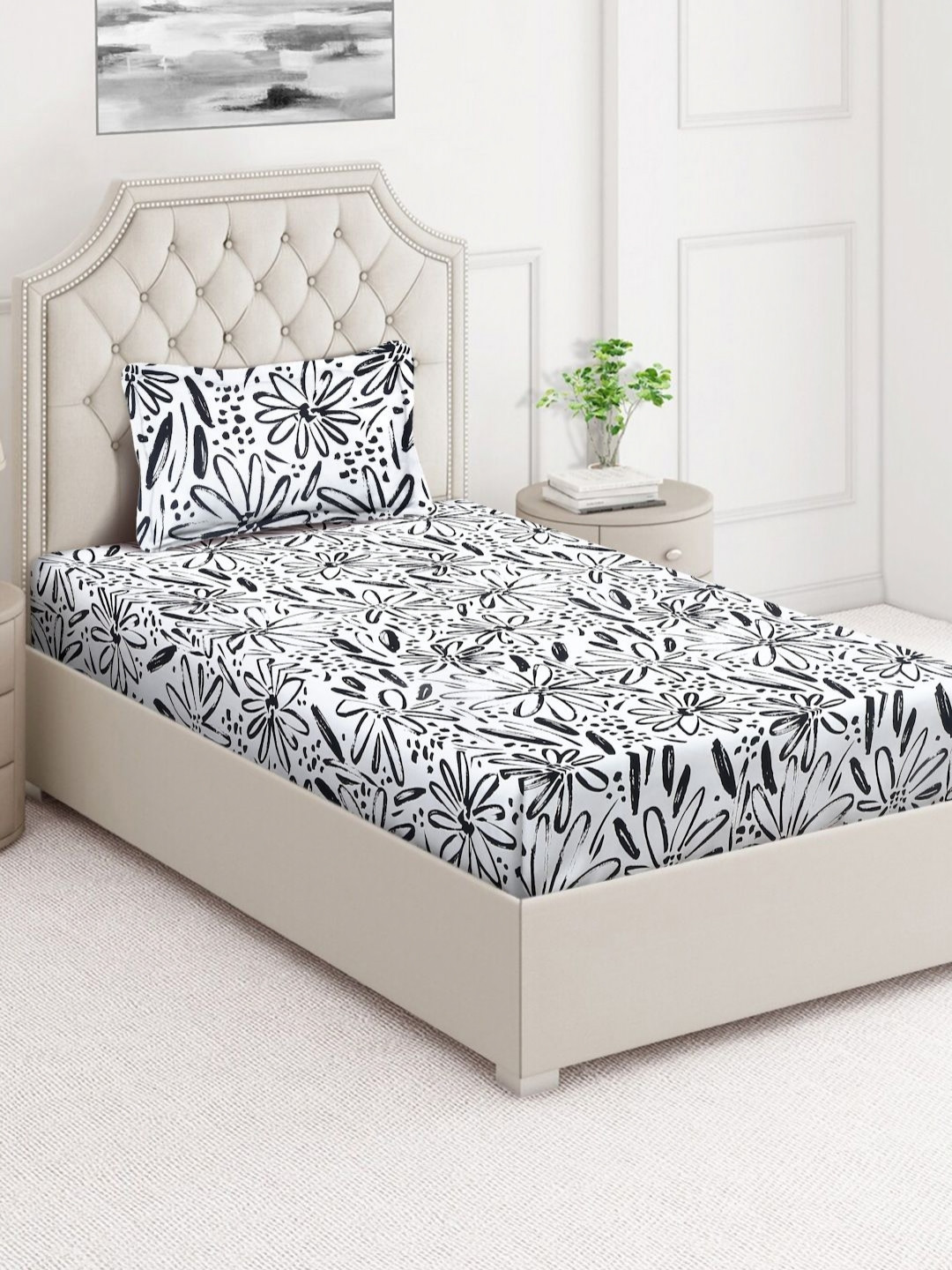 Arrabi Florate White Floral Cotton Skin-Friendly 350 TC Single Superfine Bedsheet with a Pillow Cover-85 x 59 inches