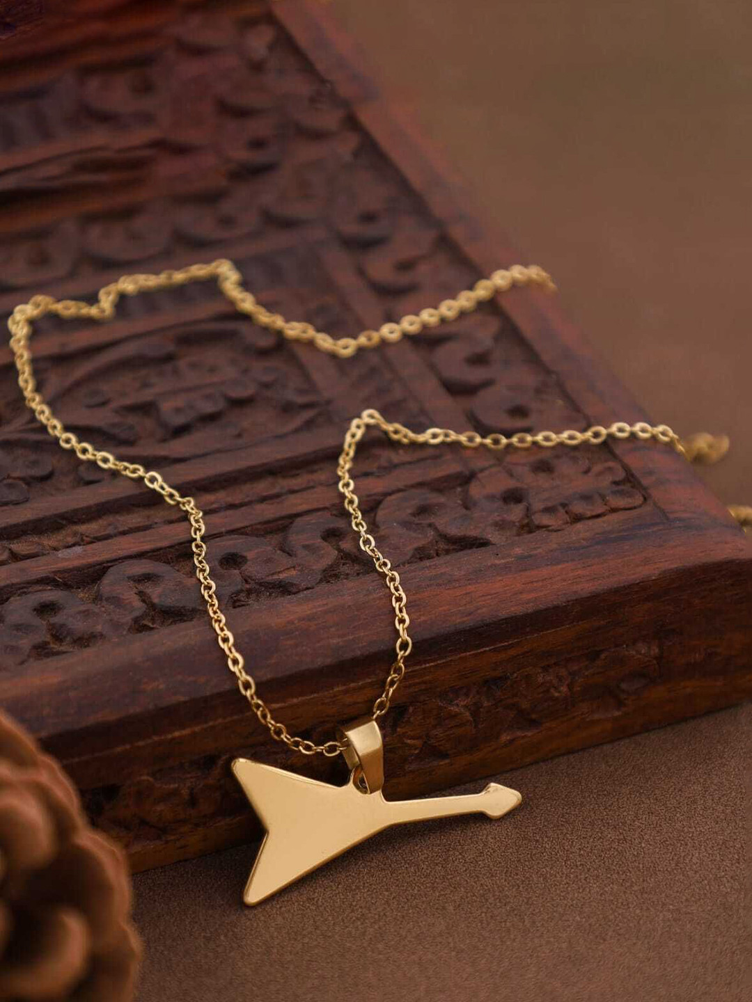 SZN Men Gold-Plated Antique Guitar Shaped Pendant With Chain