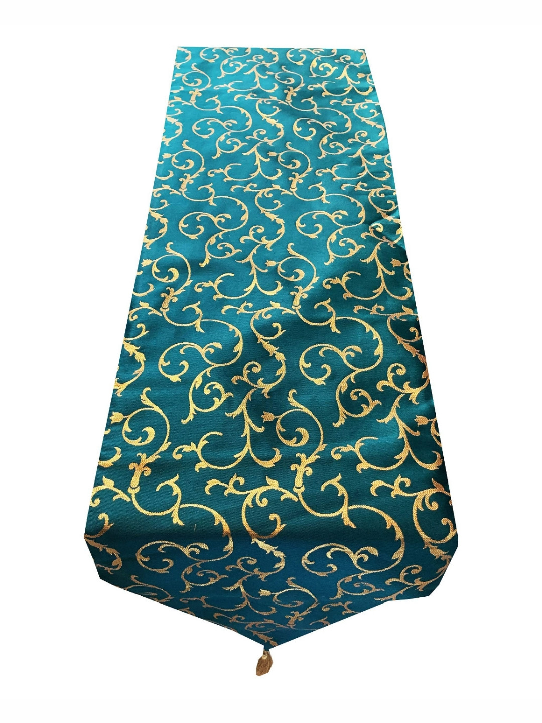 Pink Parrot Teal-Green Ethnic-Motif Jacquard Silk Table Runner With Tassels