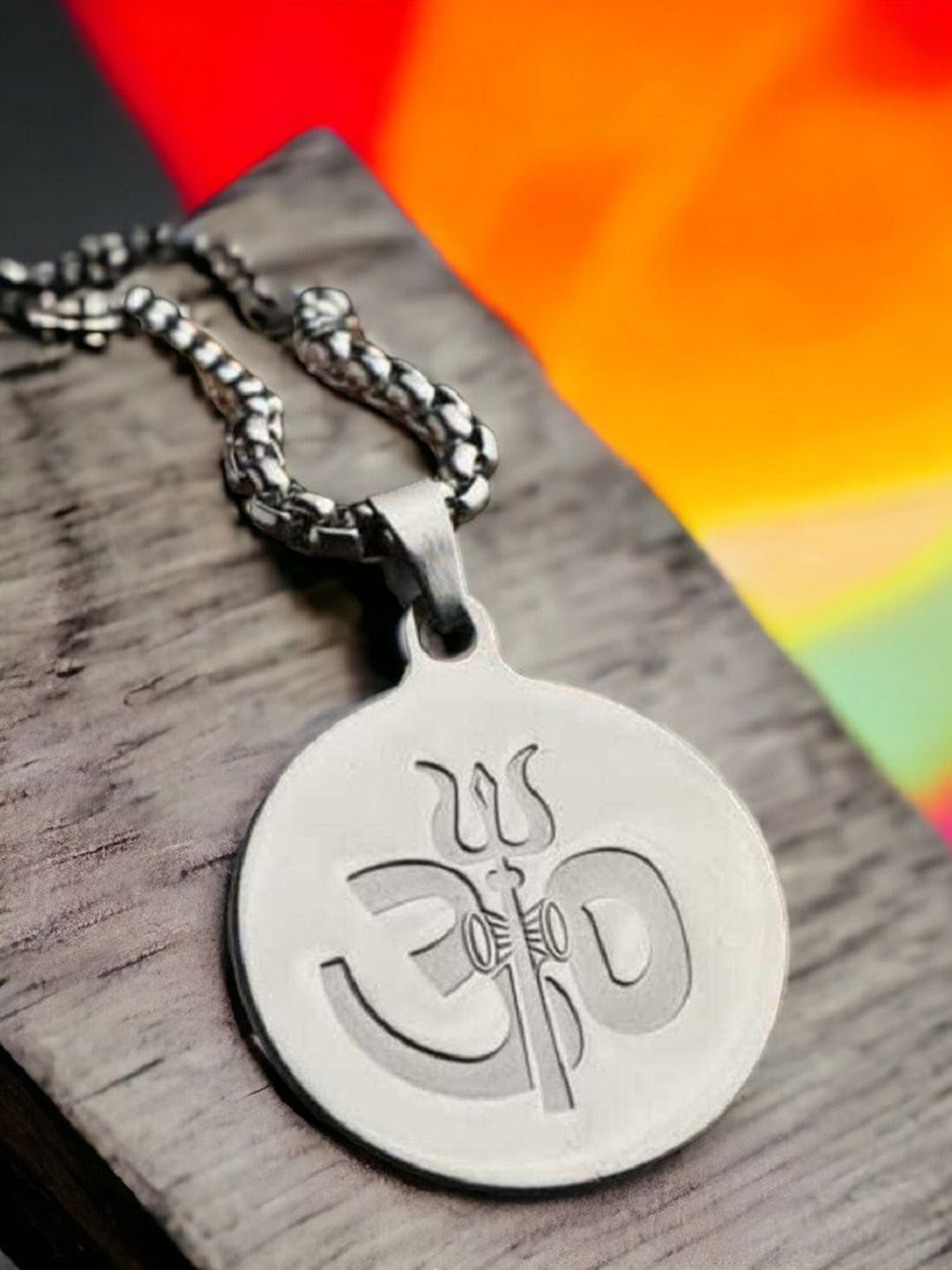 SZN Men Silver-Plated Circular Om Design Pendant with Chain