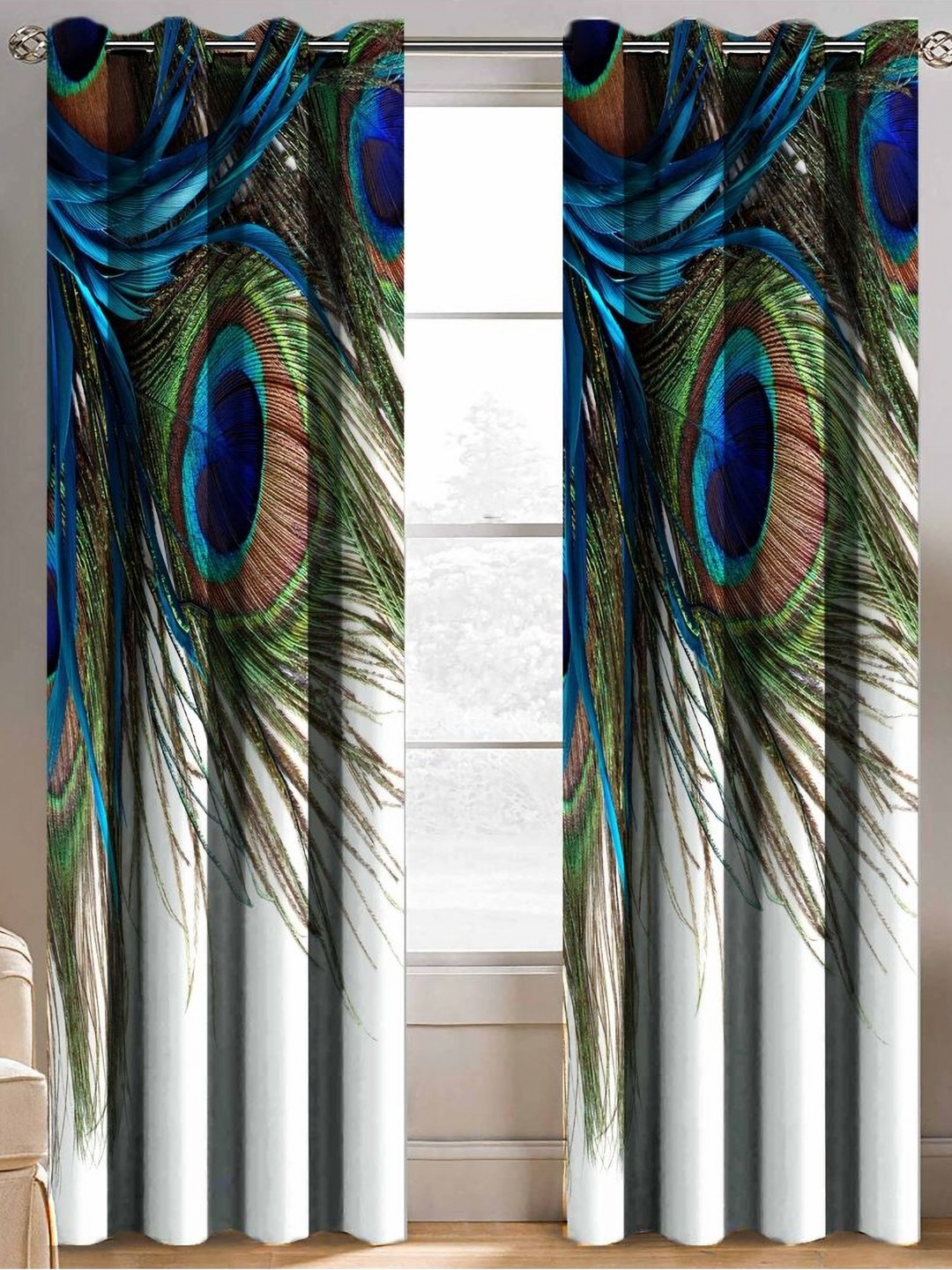Aura White And Blue 2 Pcs Printed Window Curtain