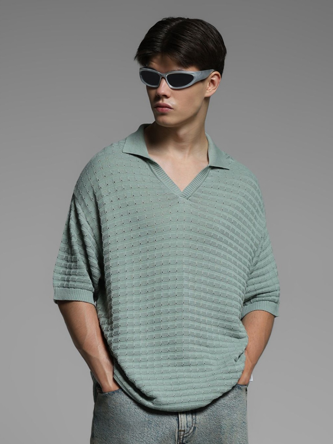 Jack & Jones Self Design Polo Collar Pure Cotton Oversized T-shirt