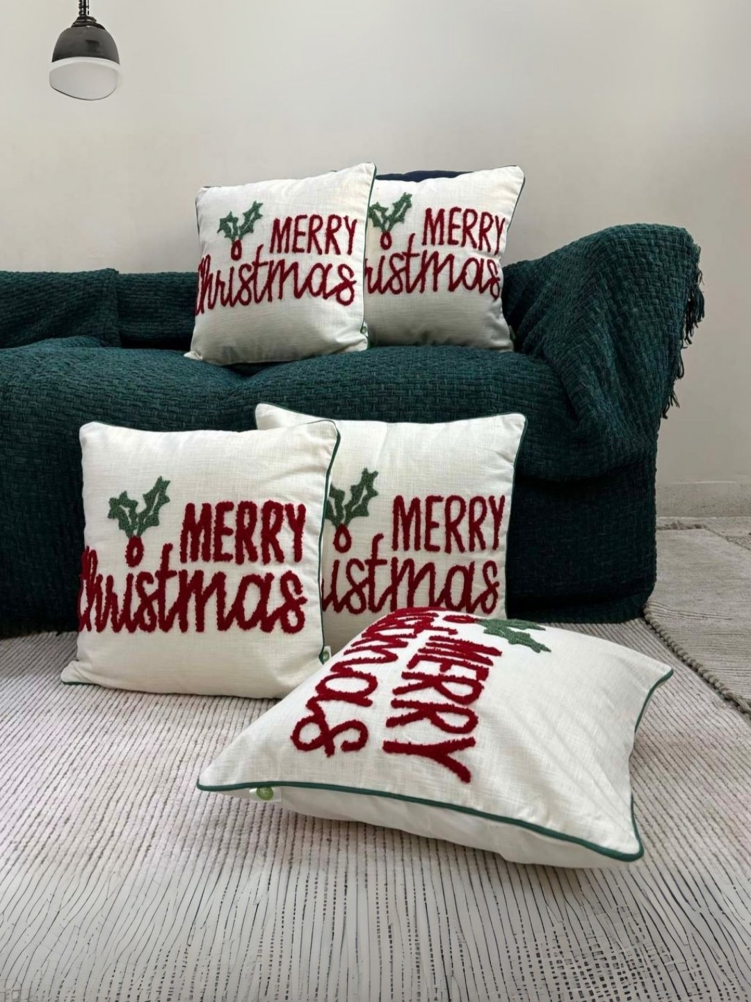 LUSHLYF White & Red 5 Pieces Merry Christmas Embroidered Cotton Square Cushion Covers
