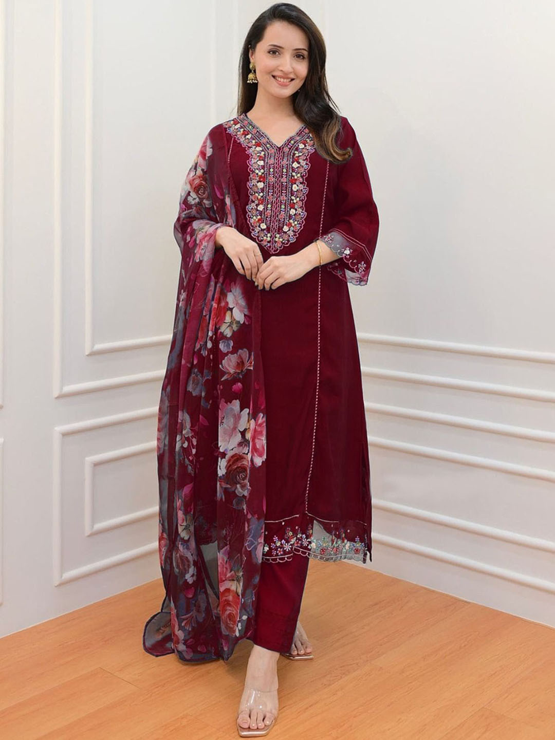 WAZIX Clothing Floral Embroidered V-Neck A-Line Kurta With Trousers And Dupatta