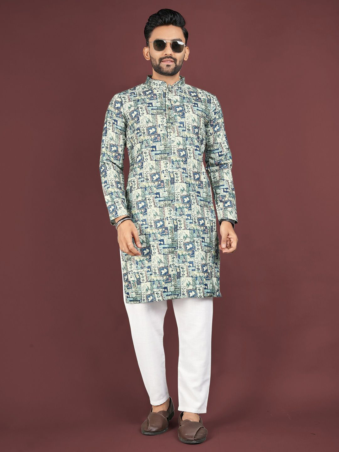 Leipzig Fashion Men Geometric Printed Mandarin Collar Kurta