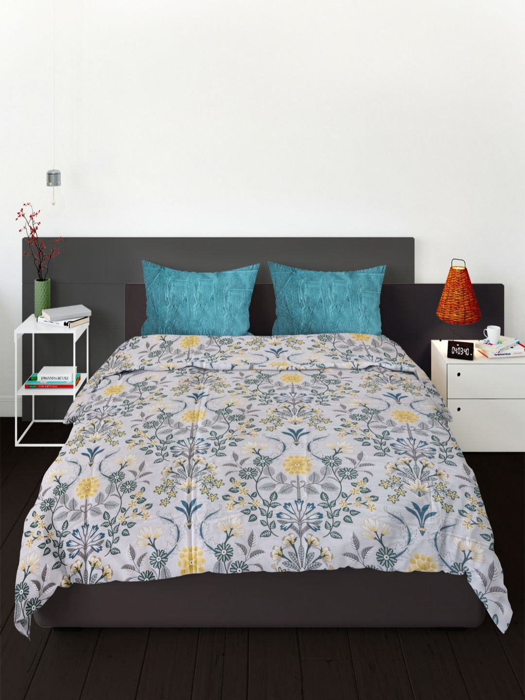 Threadwear Essential Series White Floral Polycotton 400 TC King Superfine Bedsheet with 2 Pillow Covers-108 x 108 inches