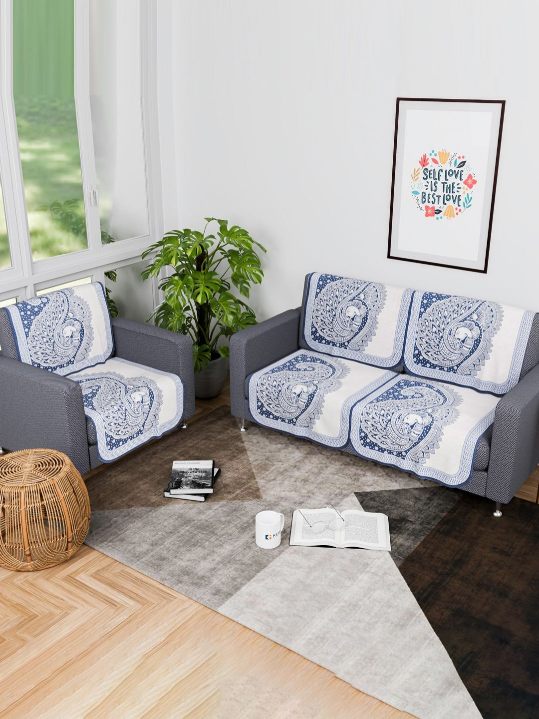 Myntra Elegant Homes Blue & White Printed Self Design 3 Seater Cotton Sofa Cover