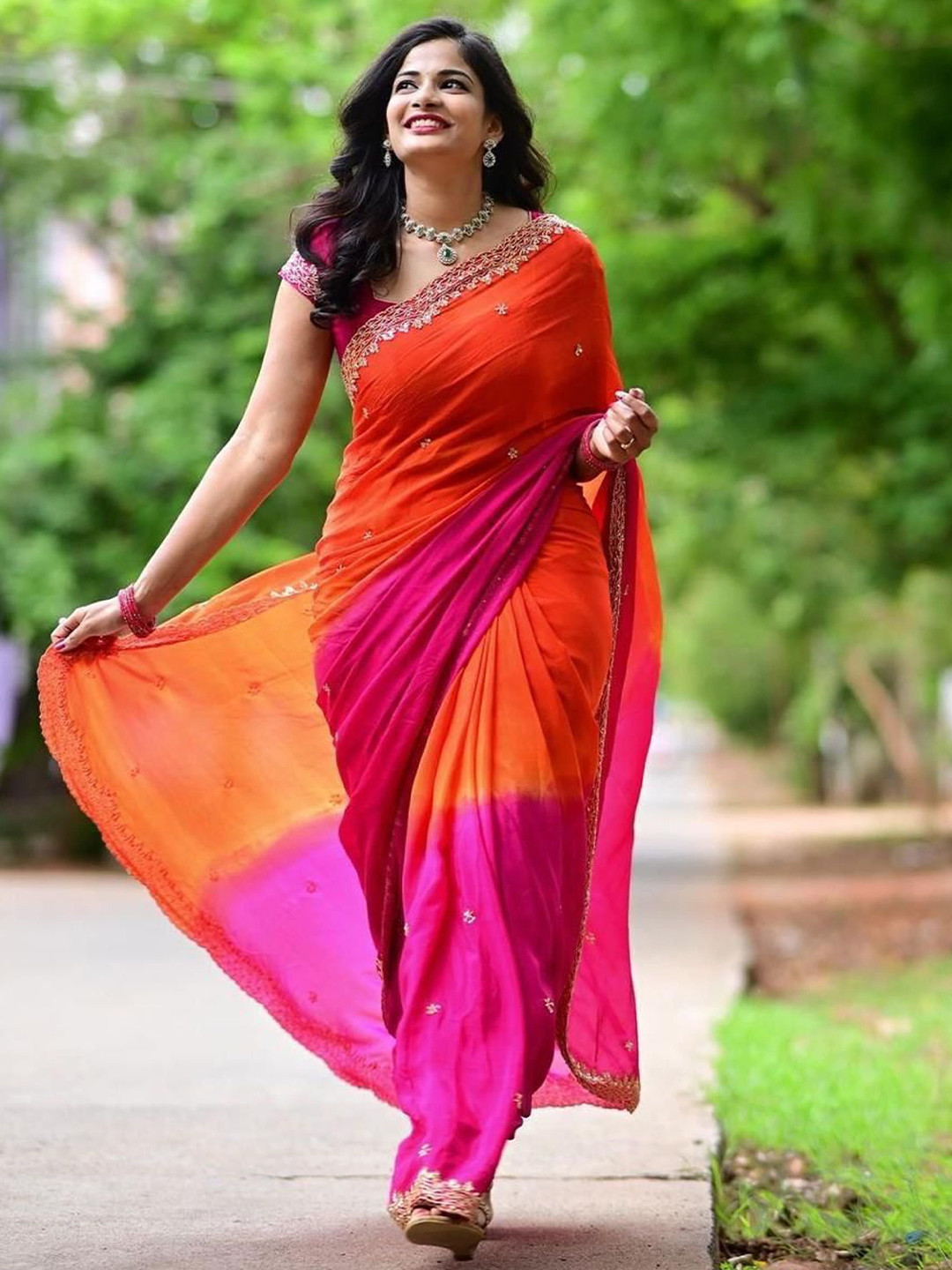 FLOURIOUS Beads and Stones Pure Chiffon Saree