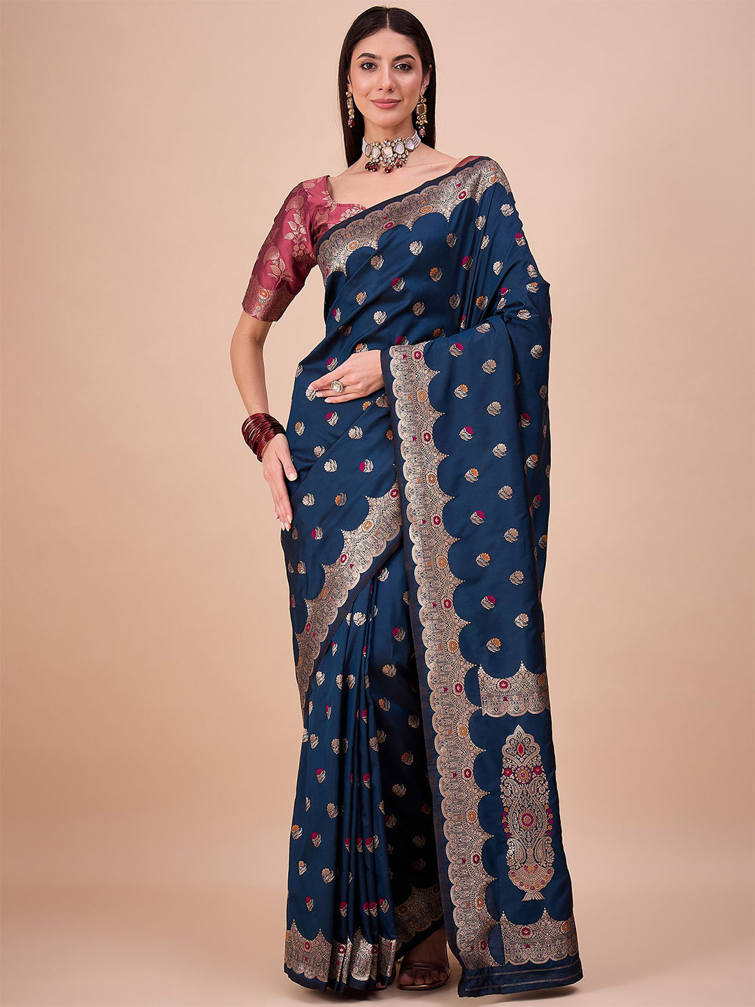 House of Pataudi Women Woven Design Meenakari Banarasi Silk Saree
