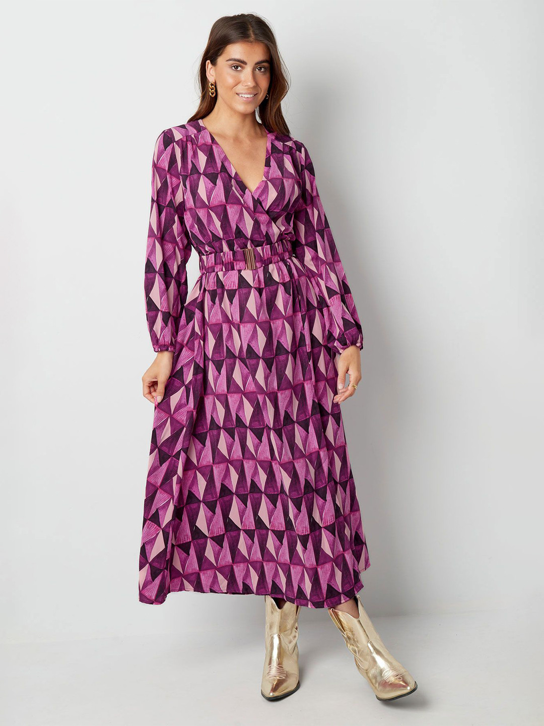 Greenishpink Women V-Neck Printed Puff Sleeve Satin Maxi Dress