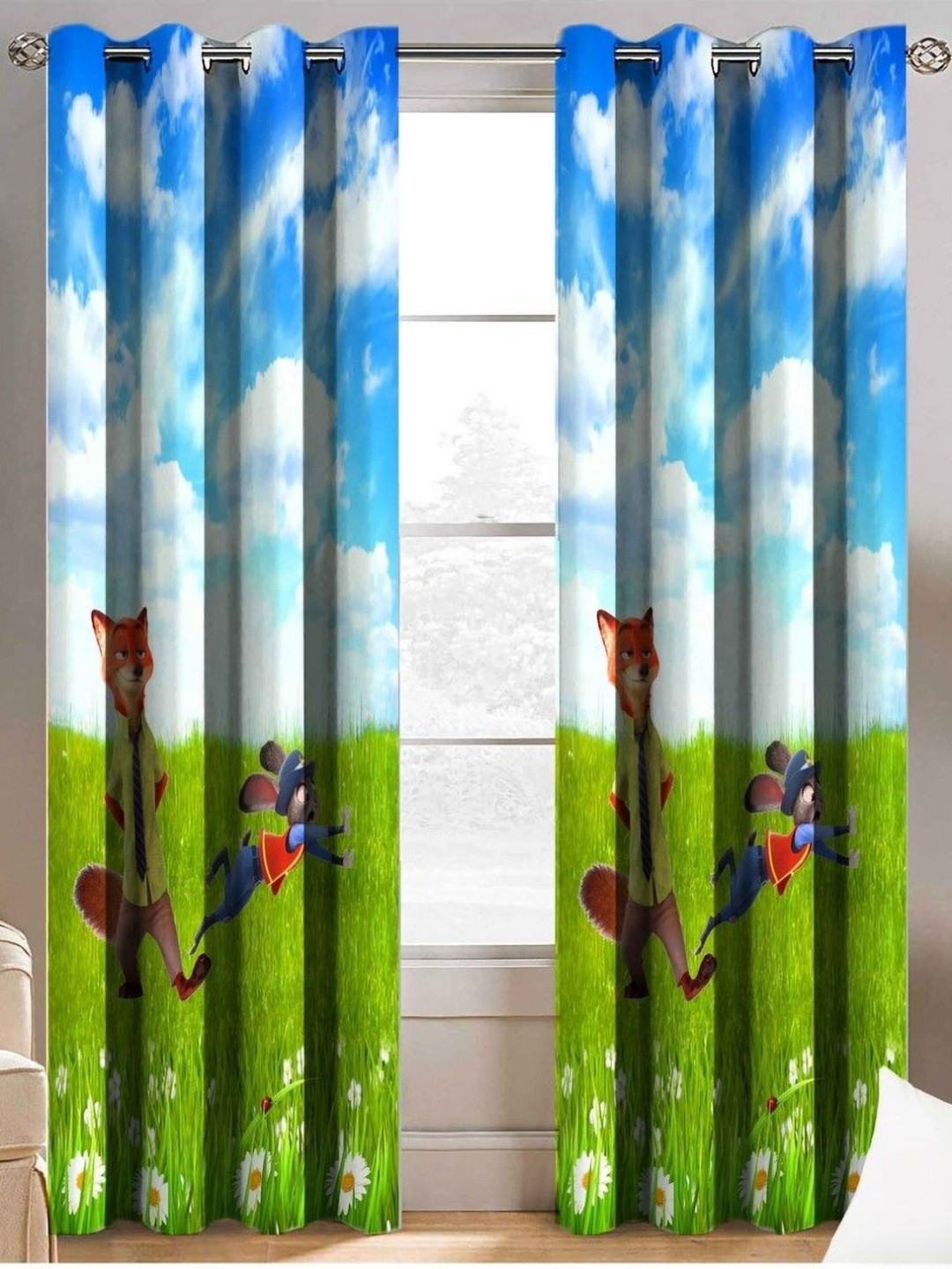 Aura 2 Pieces Blue & Green Cartoon Cat Rabbit Printed Door Curtains