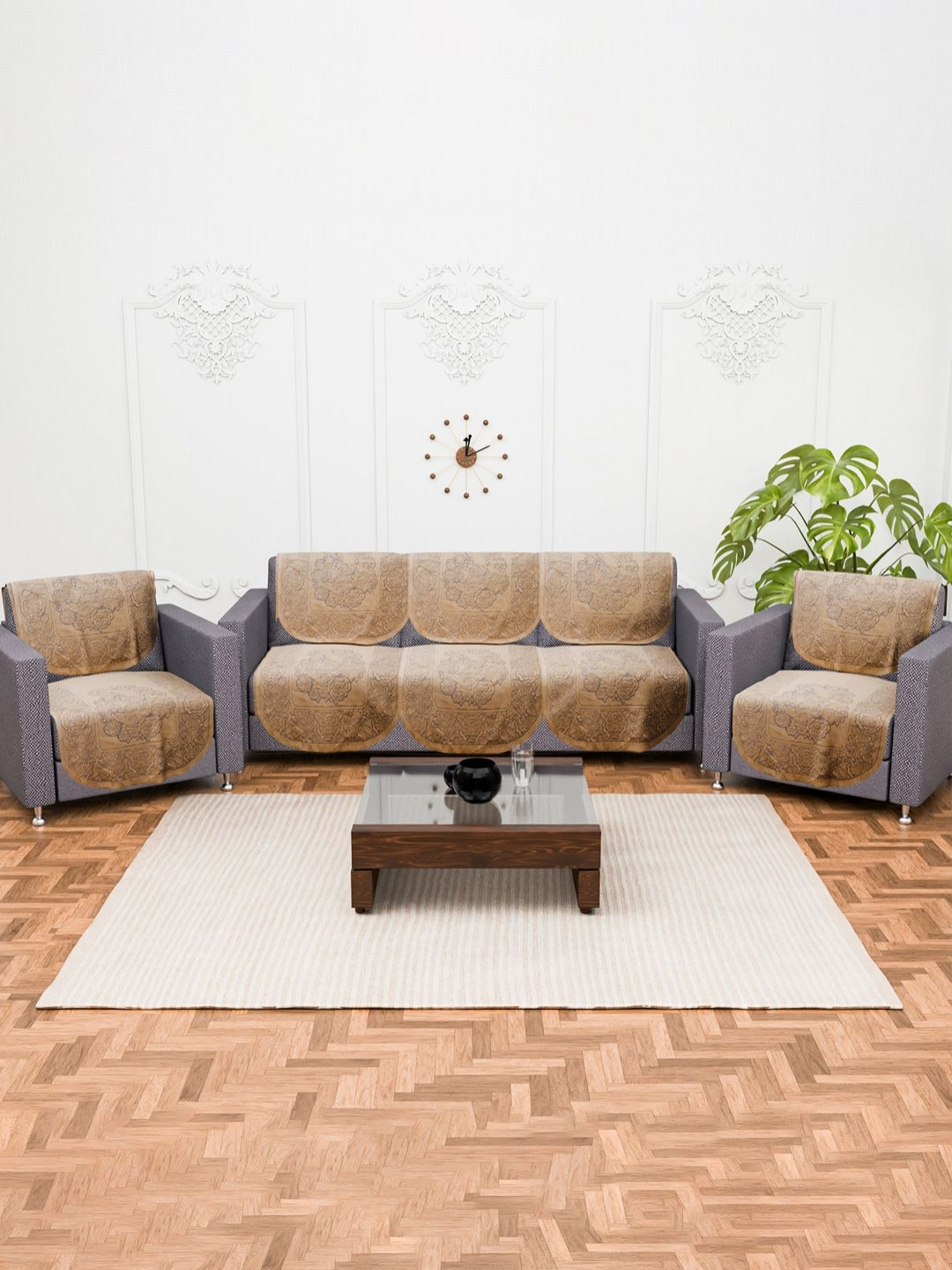 Myntra Elegant Homes Gold-Toned & Grey 10 Pieces 5 Seater Cotton Sofa Cover