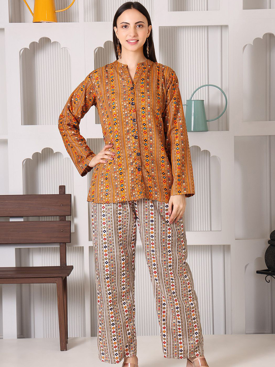 DARVI Printed Collor Neck Shirt With Trousers Co-Ords