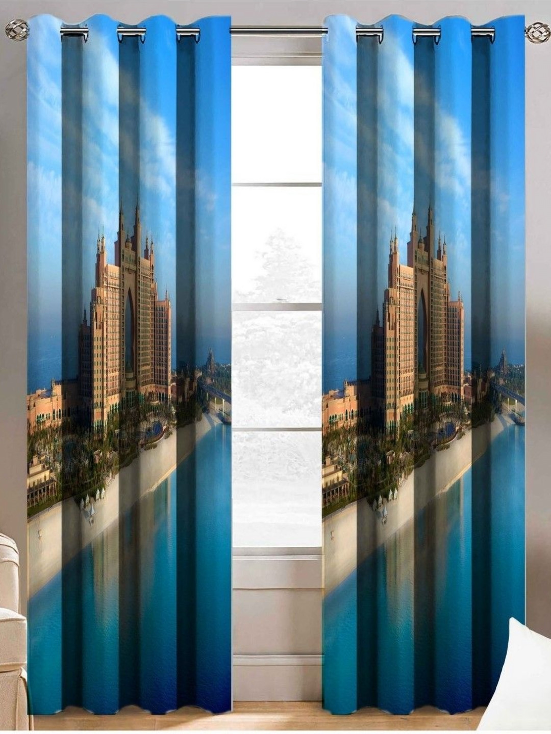 Aura Blue & Brown 2 Pieces Abstract Printed Window Curtain