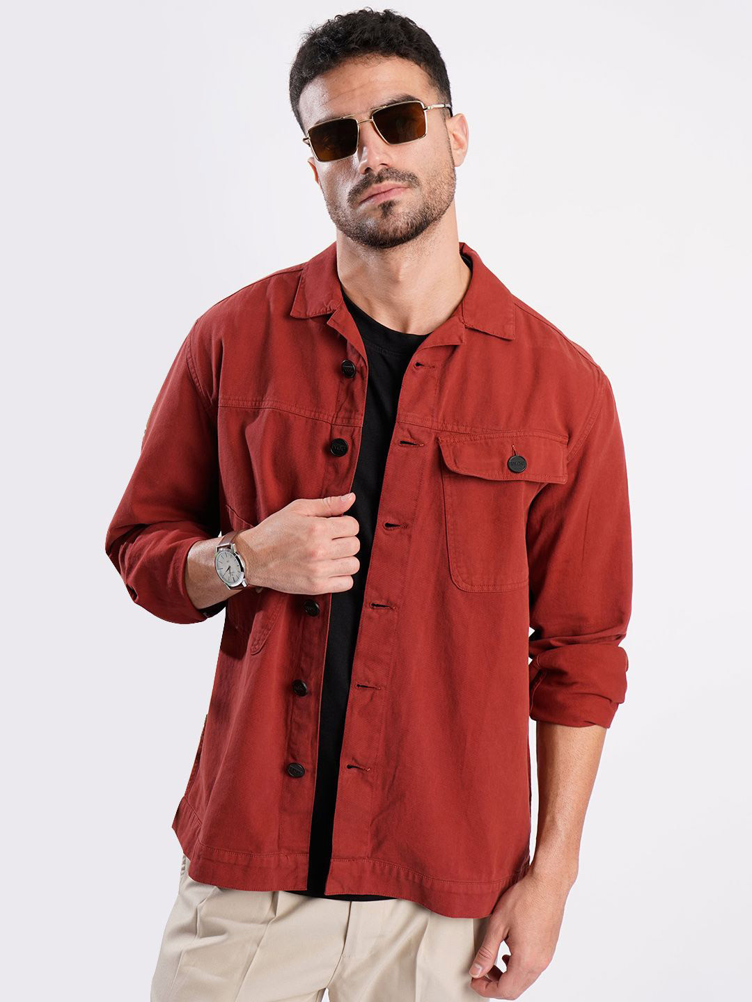 IVOC Men Solid Double Pocket Cotton Shacket