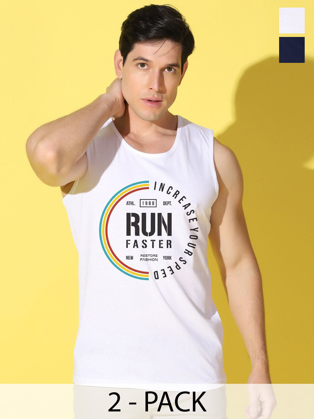 WOOSTRO Pack Of 2 Printed Gym Vests VWS26(RUN WHITE)(RUN NAVY)