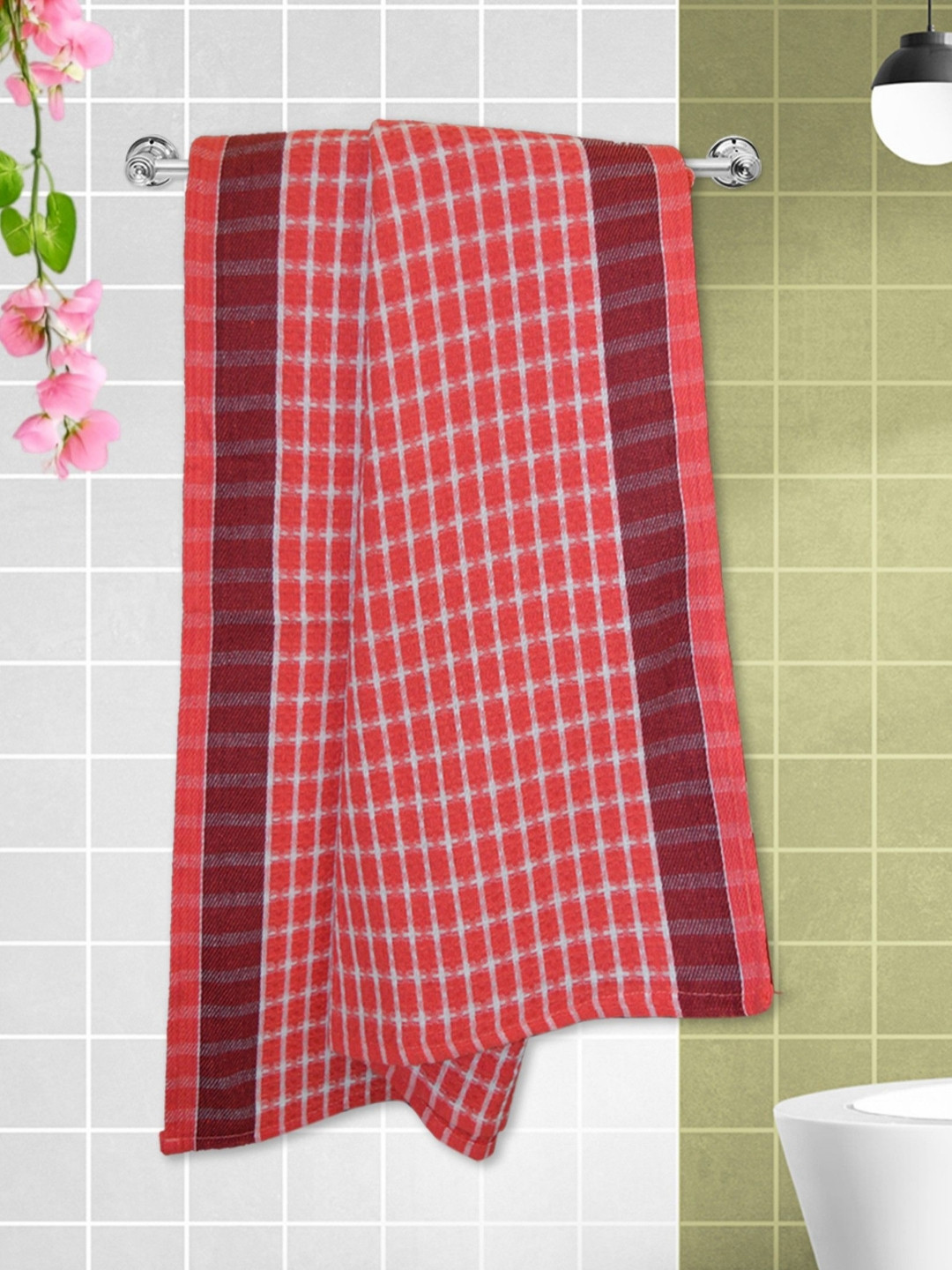 Athom Living White And Red Printed Cotton 210 GSM Bath Towel