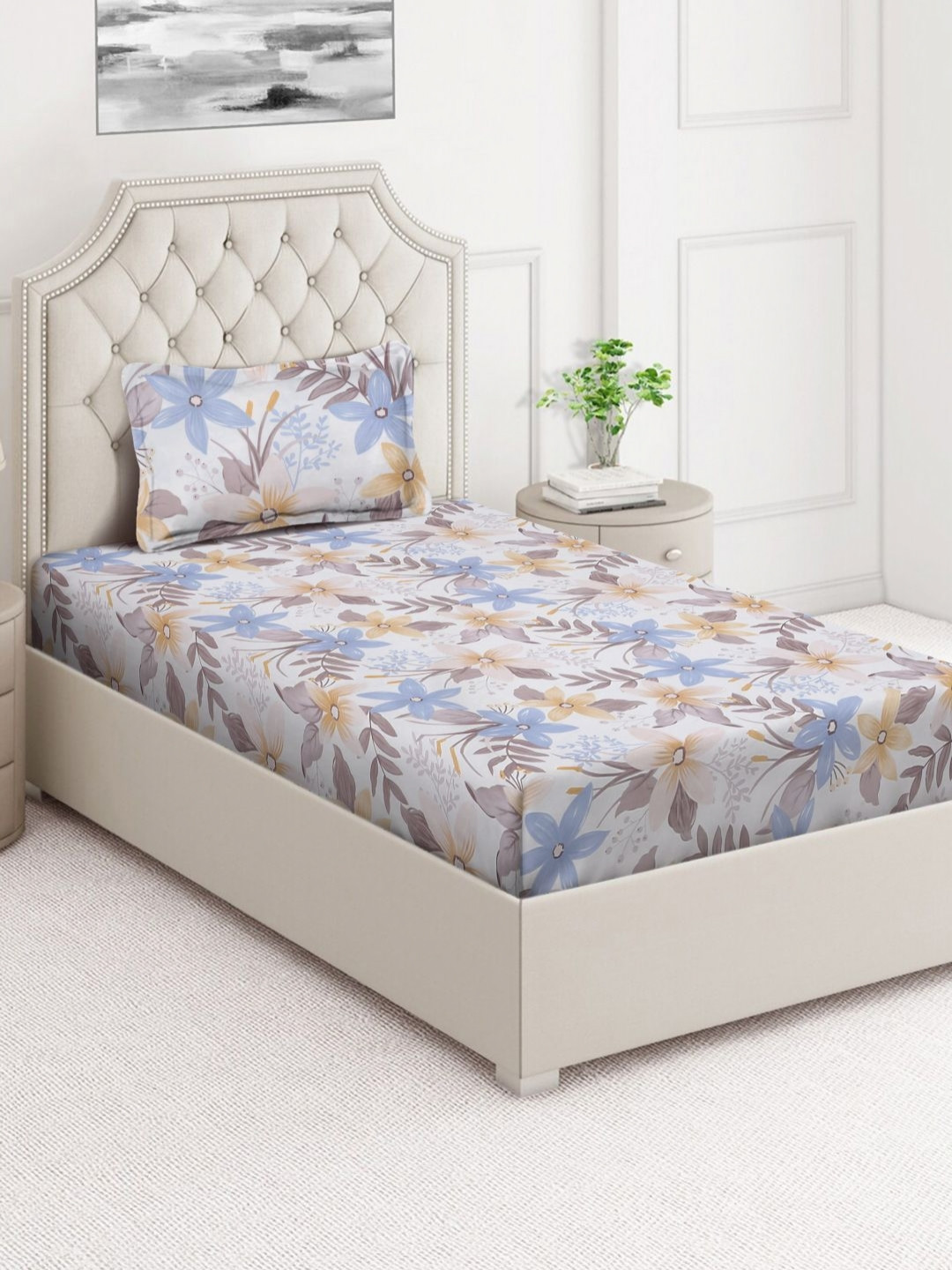 Arrabi Book Fold Blue Leaf Cotton Skin-Friendly 350 TC Single Superfine Bedsheet with a Pillow Cover-85 x 59 inches