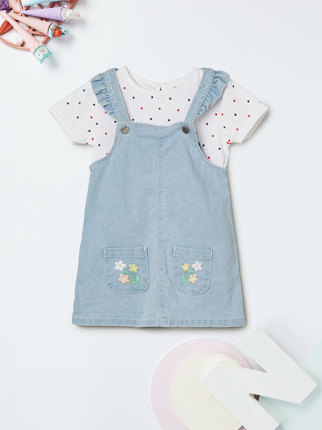 max Girls Pure Cotton Denim Pinafore Dress With T-shirts