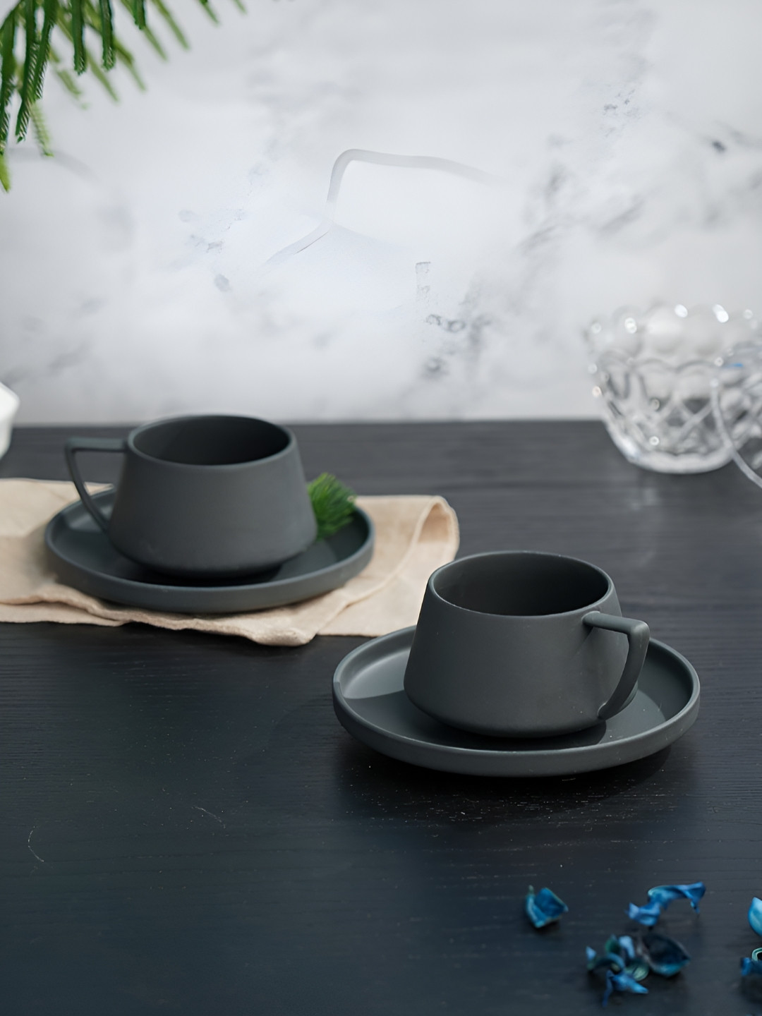 Vola Global LLP Glazed Black Porcelain Microwave Safe 2 Piece Cup with 2 Saucer-150ml