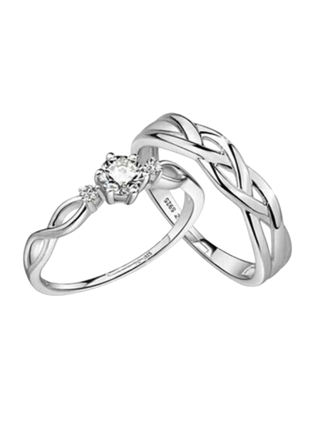 Bling Queen Set Of 2 Silver Plated Solitaire Crystal Adjustable Couple Ring Set