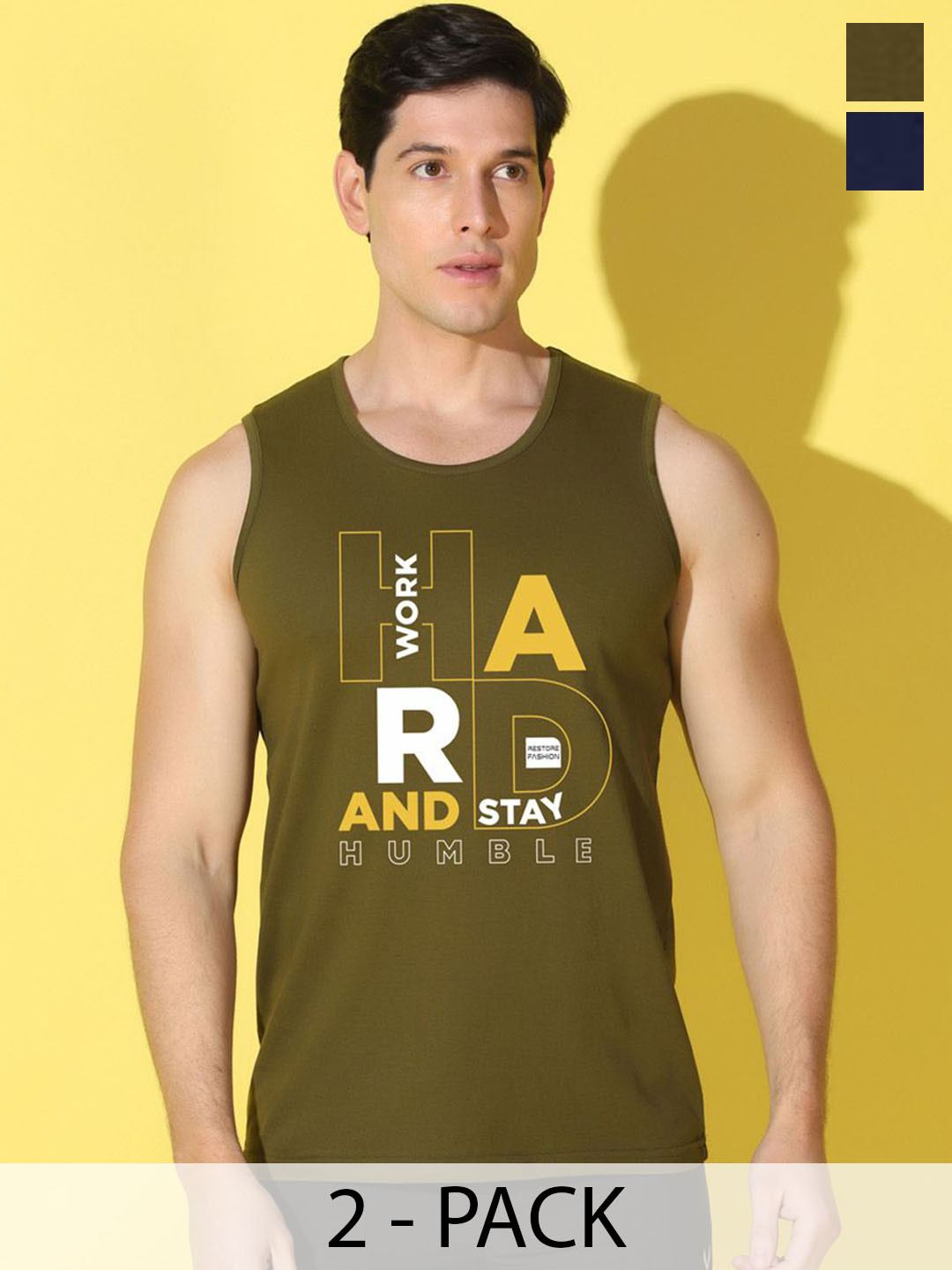 WOOSTRO Pack Of 2 Printed Combed Cotton Gym Vests VWS26(HARD OLIVE)(PLAIN NAVY)