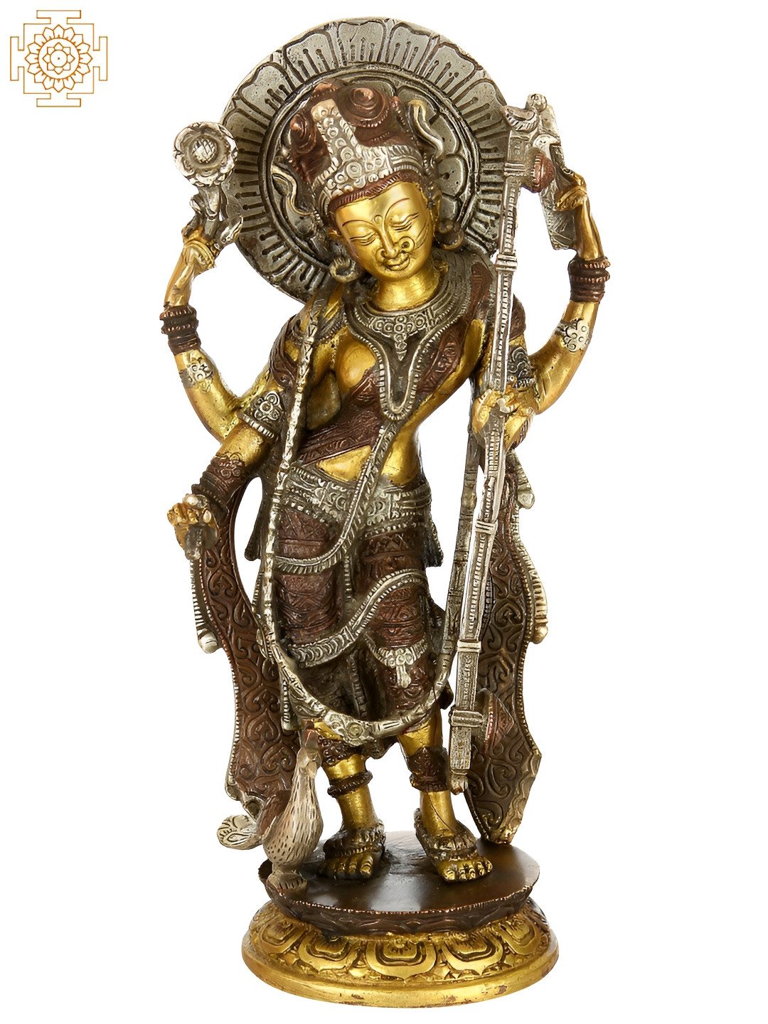 Exotic India Goddess Saraswati in Tribhanga Pose Brown Brass Metallic Prayer Room Hand Made Medium Showpiece - 12 Inches