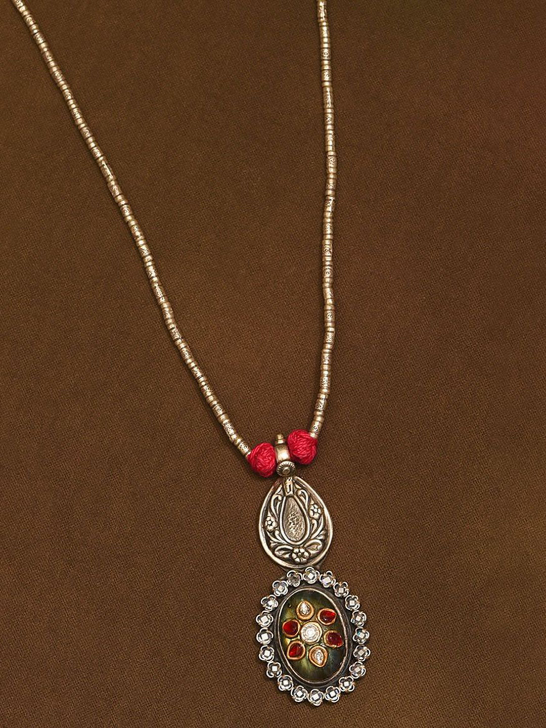 JAYPORE Silver Labradorite Stone Studded Long Necklace