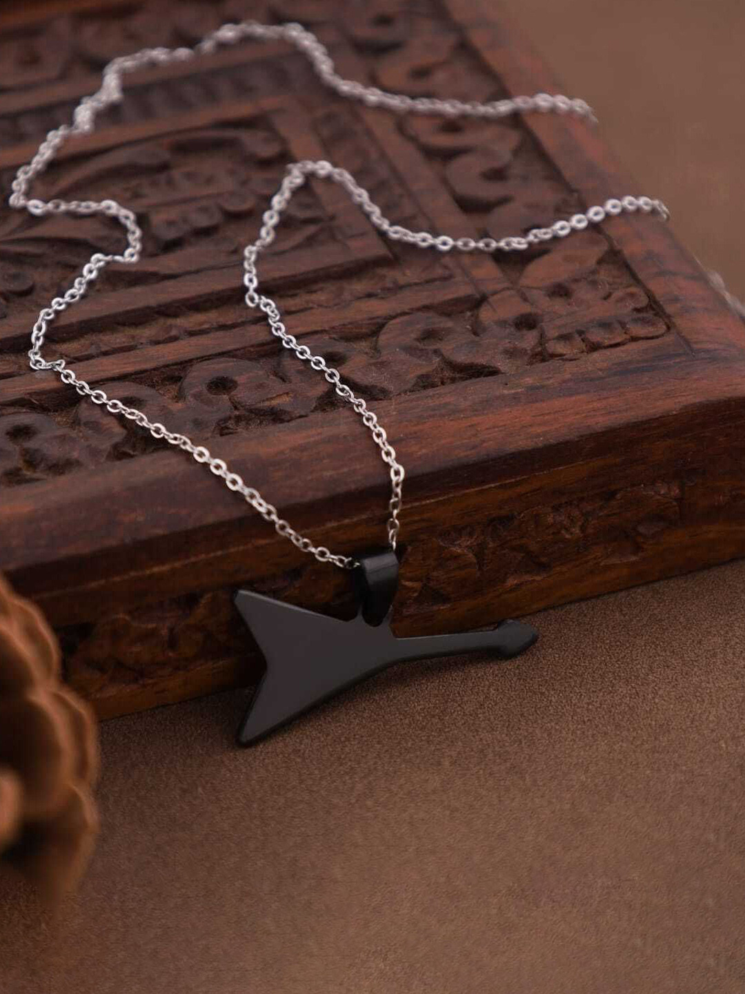 SZN Men Silver-Plated Guitar Shaped Pendant with Chain