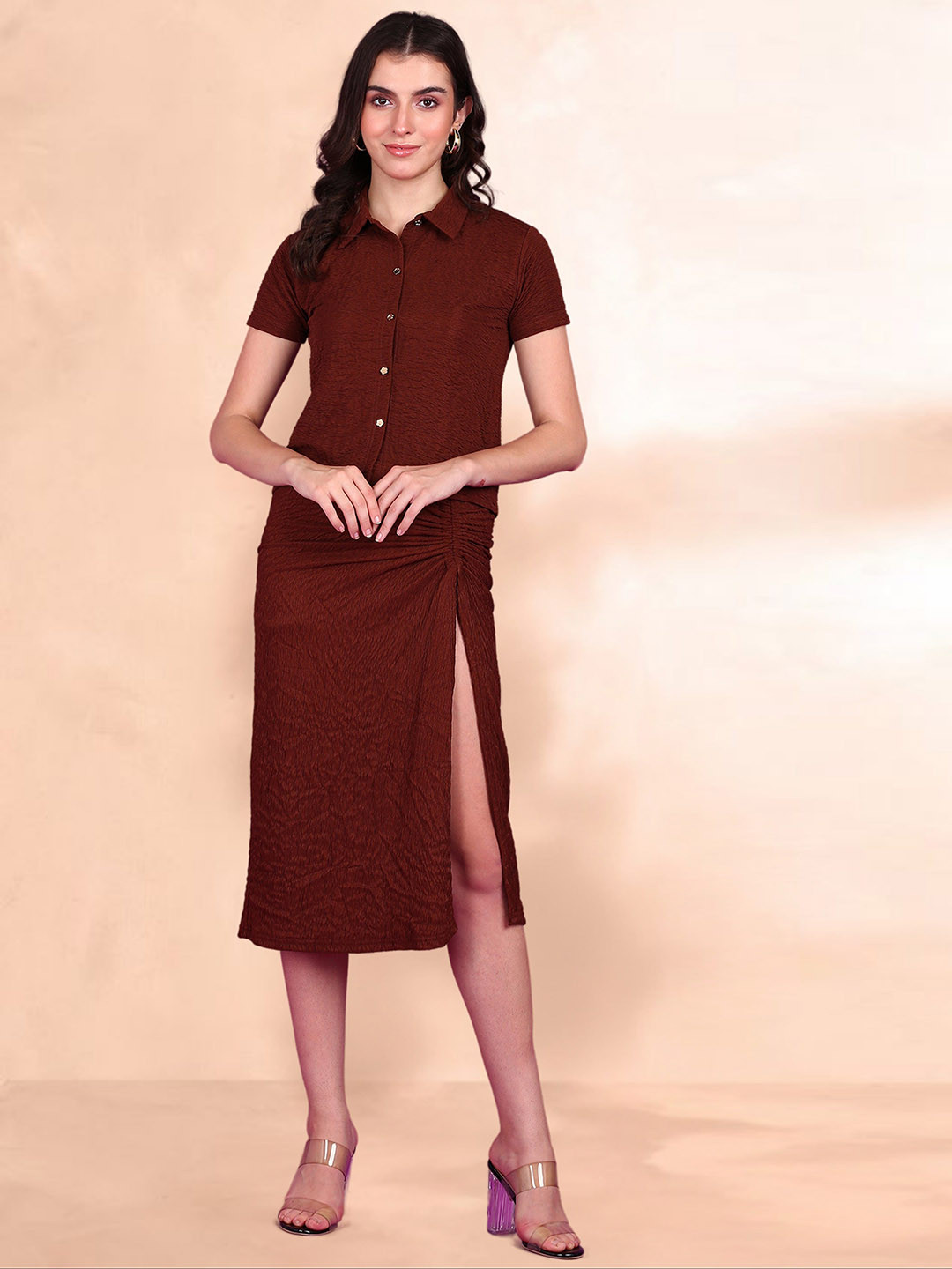 Dressberry Self Design Short Shirt With Long Slit Skirt Co-Ords