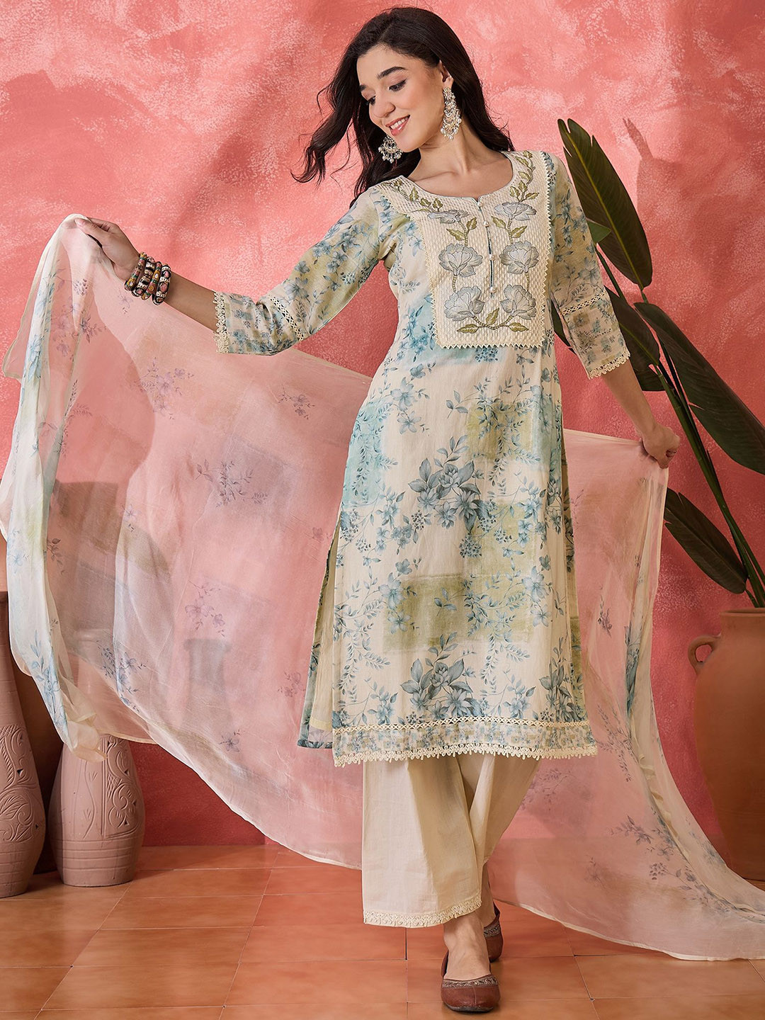 Sangria Floral Yoke Design Notch Neck Linen Cotton Straight Kurta With Trousers & Dupatta
