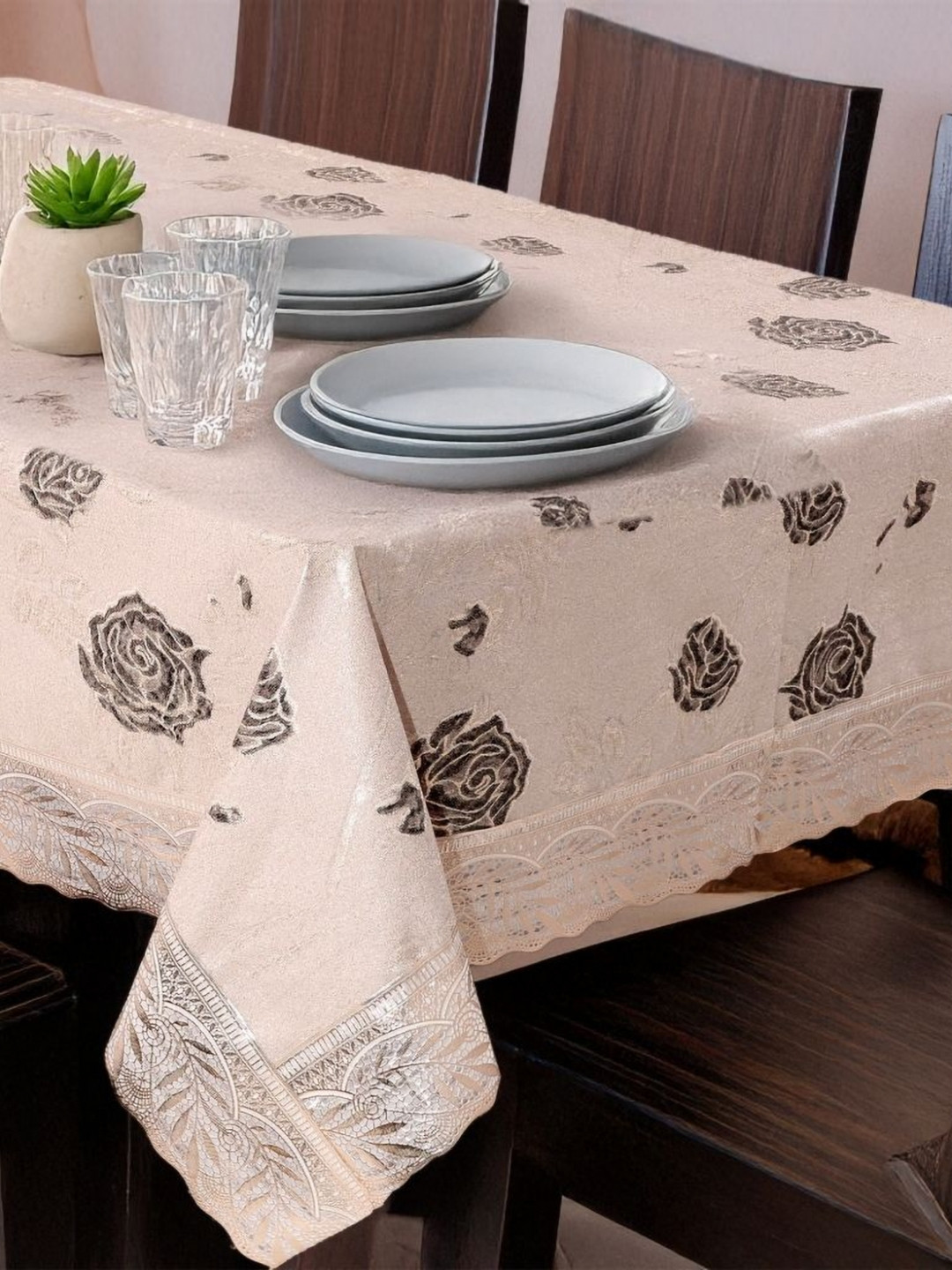 Stylista Rose Gold-Toned Floral Printed 8-Seater Rectangle Table Cover