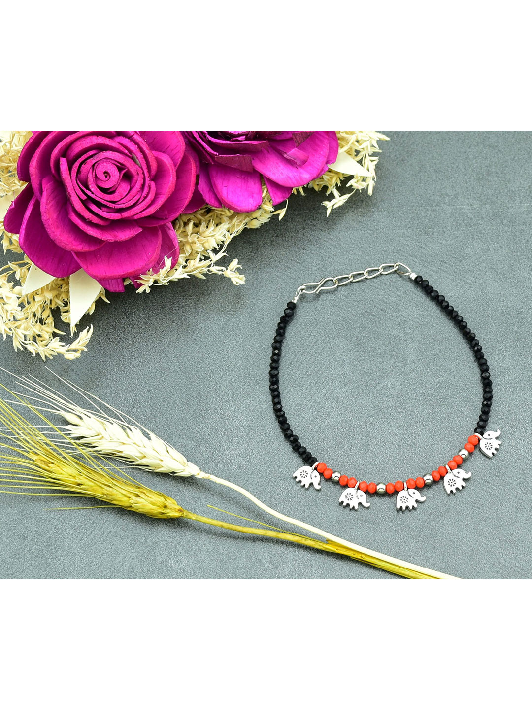 HIGH TRENDZ Silver-Plated Artificial Beaded Elephant Charm Anklet