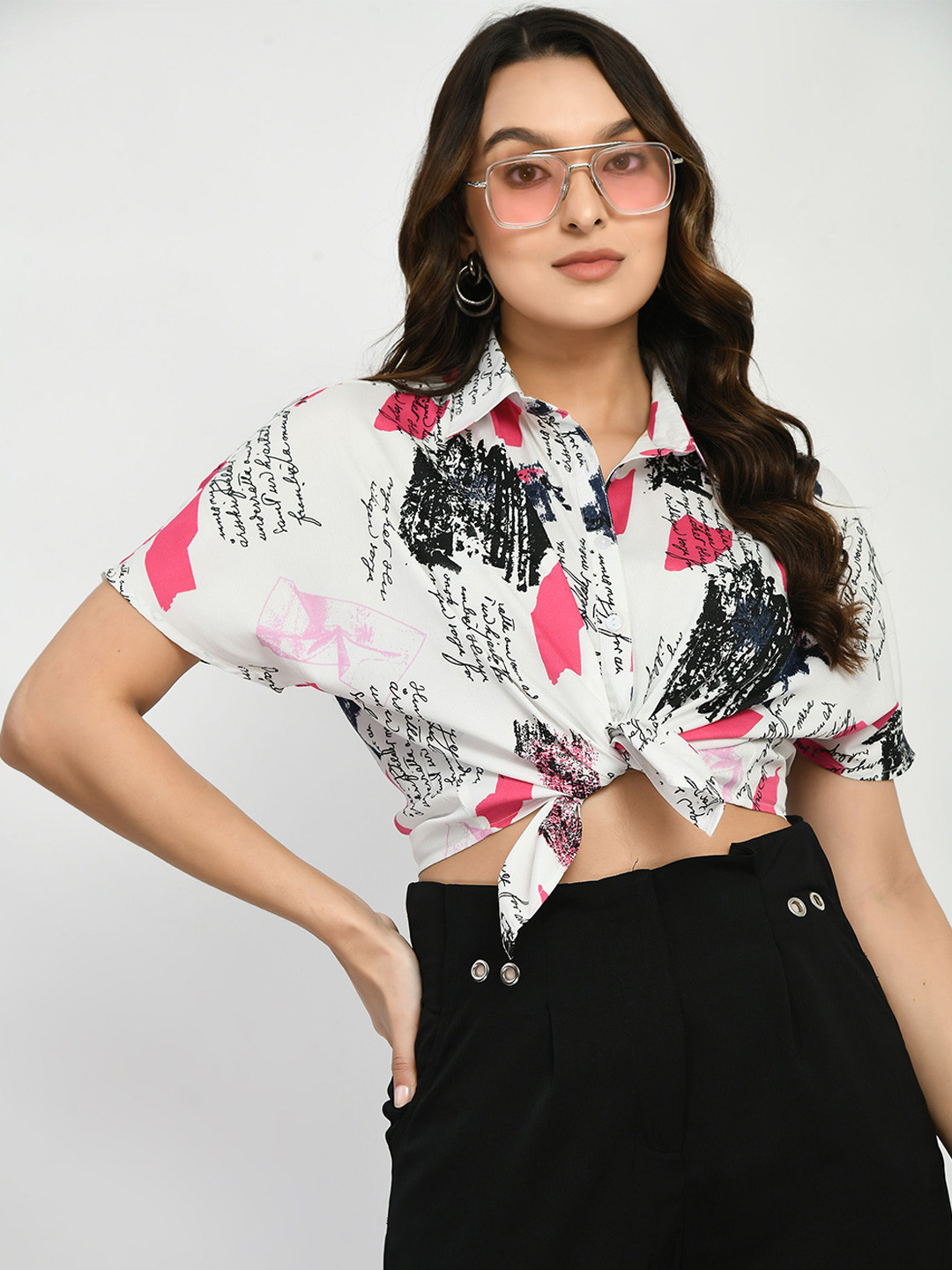 all about you Typography Floral Printed Spread Collar Relaxed Satin Casual Crop Shirt