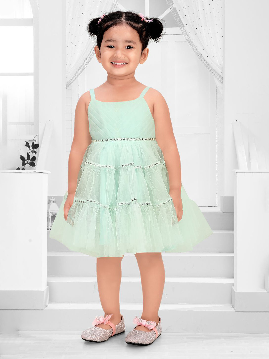 Pragya Exclusive Girls Self Design Shoulder Straps Crepe Fit & Flare Dress