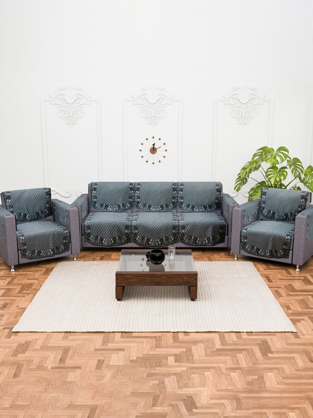 Myntra Elegant Homes Grey & Black Self Design 5 Seater Cotton Arms Sofa Cover