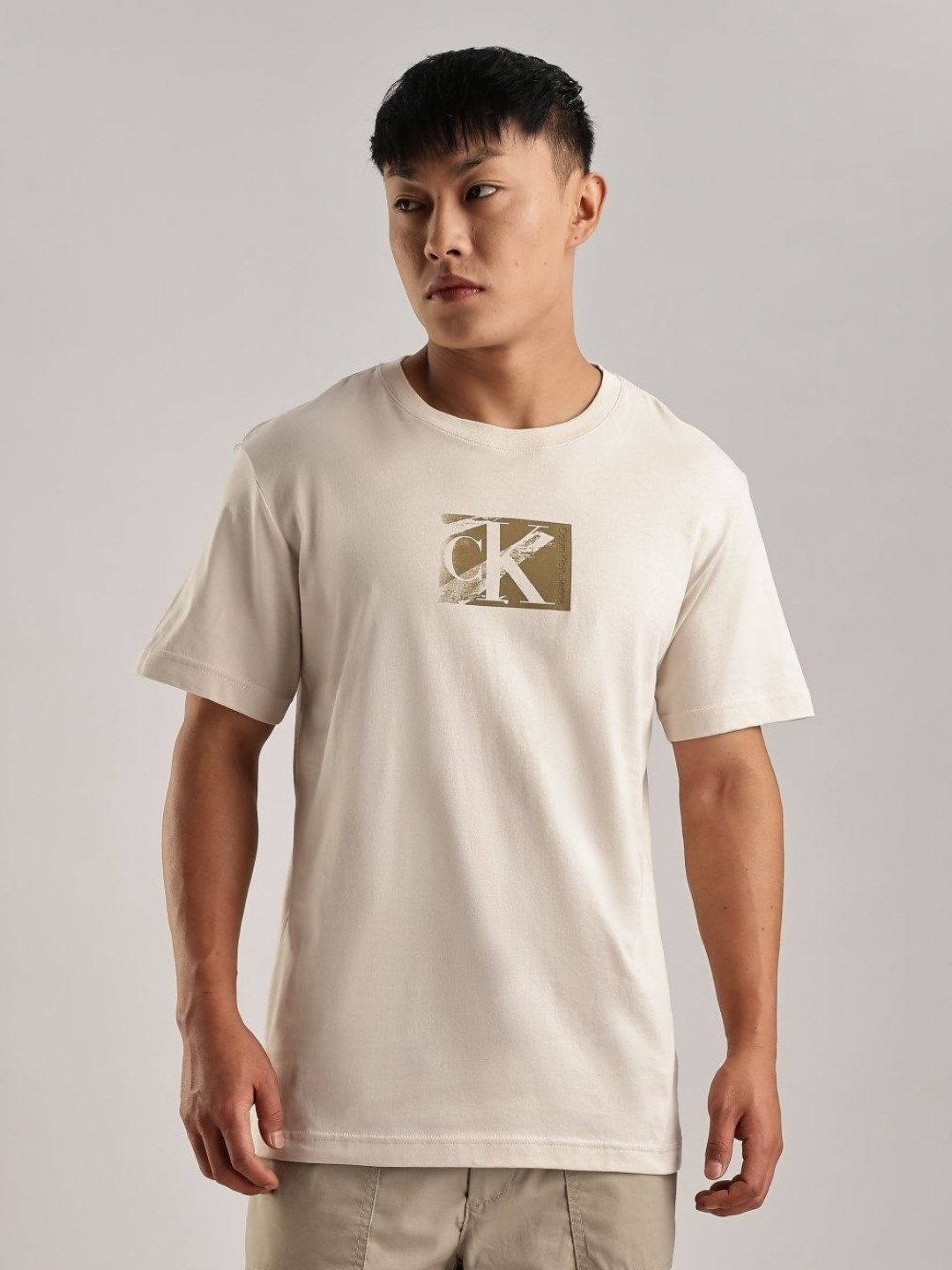 Calvin Klein Jeans Typography Printed Drop-Shoulder Sleeves Pure Cotton Casual T-shirt