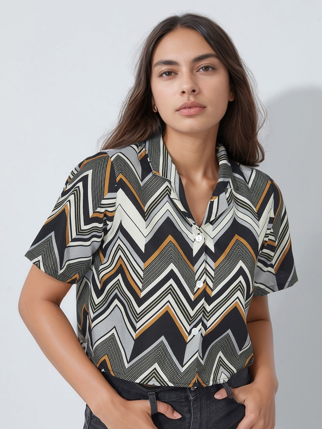 all about you Women Chevron Printed Crop Casual Linen Shirt With Collared Detail