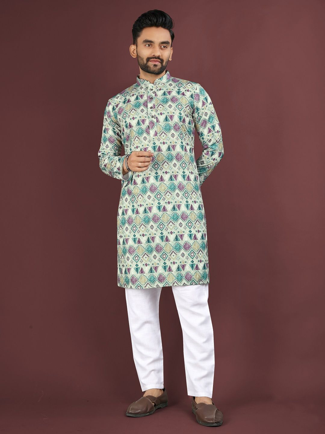 Leipzig Fashion Men Geometric Printed Festive Cotton Straight Kurtas