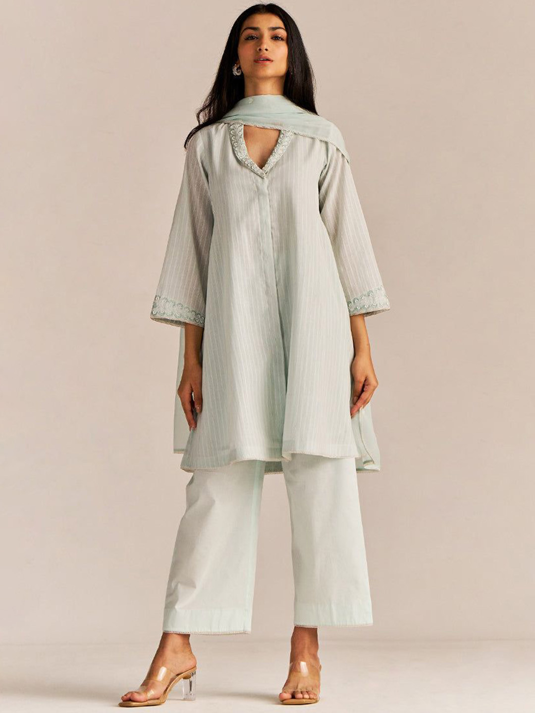 Ganga Women Striped Soothing Sea Woven Regular Kurta with Palazzos & With Dupatta