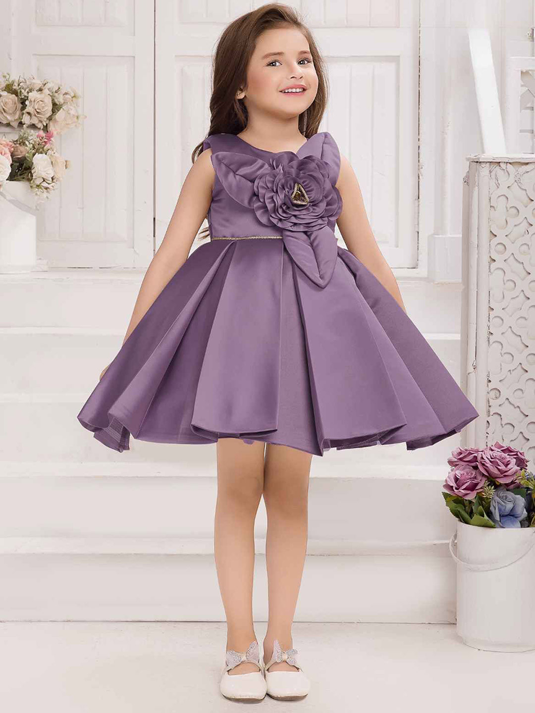 Lagorii Girls Lavender Floral Embellished Party Wear Frock Comes with a Bow