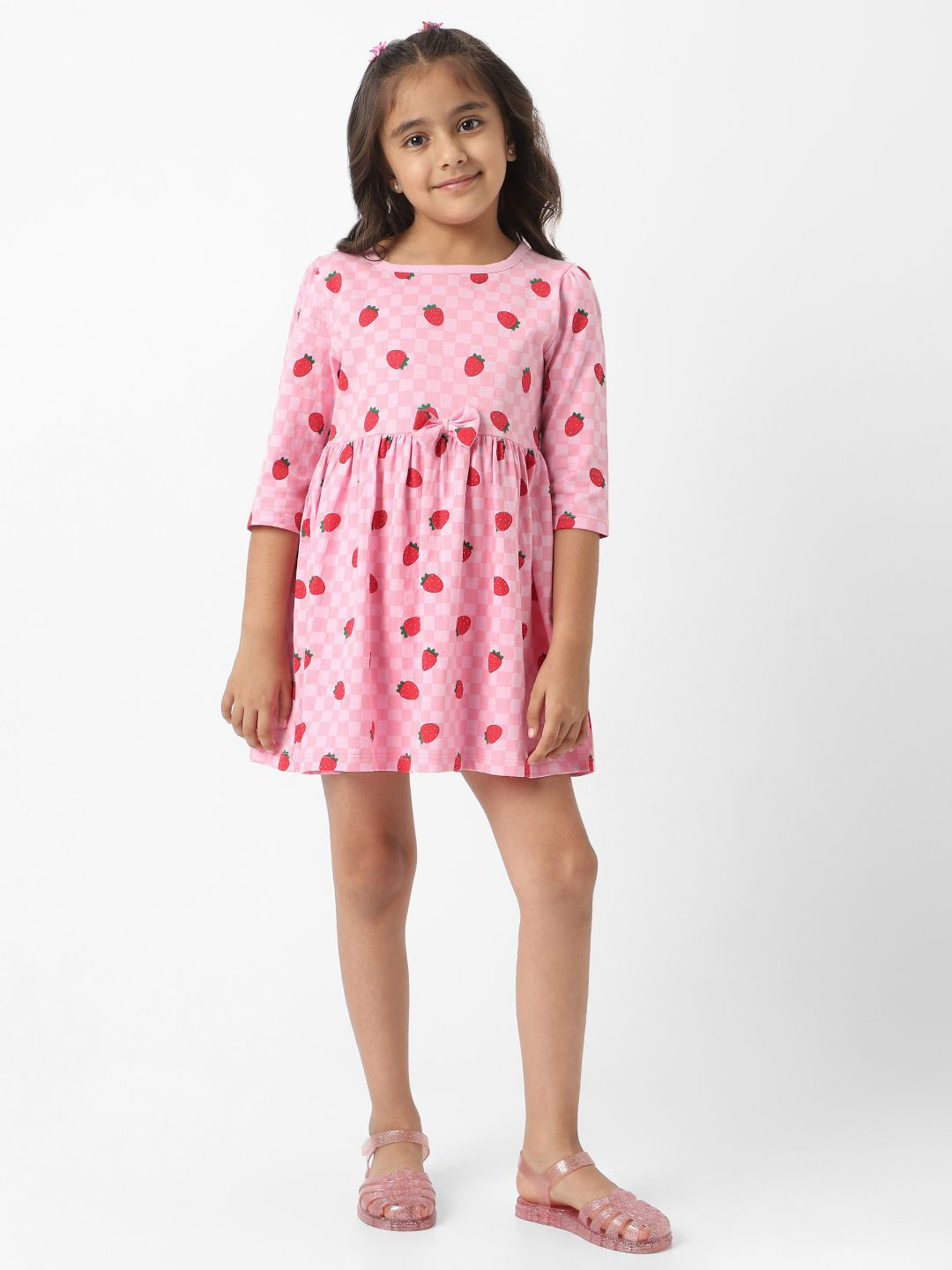 Nauti Nati Girls Pink Jersey Cotton Strawberry Print Dress