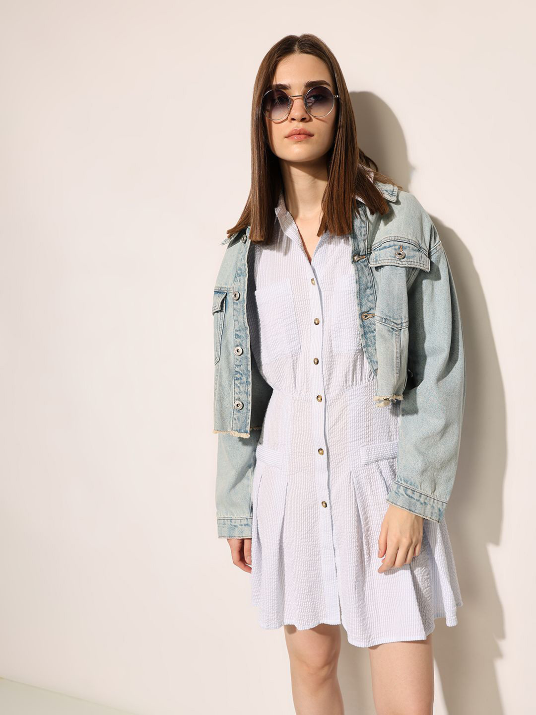 ONLY Shirt Coller Striped Cuffed Sleeves Shirt Dress