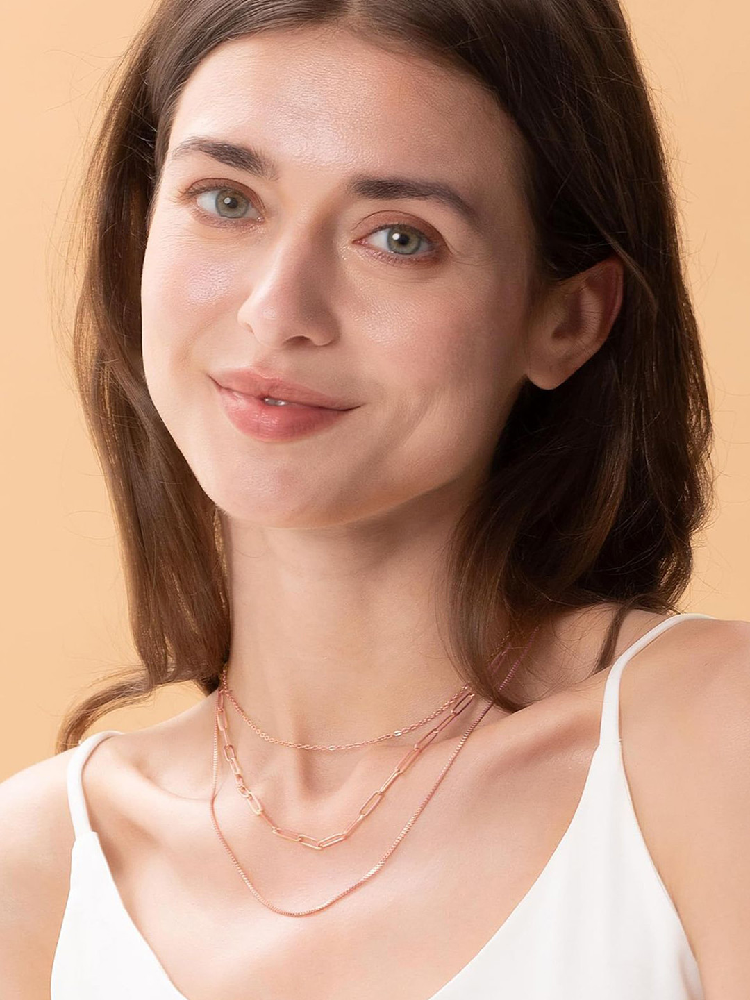 VAMA Women Set of 3 14K Rose Gold Stainless Steel Cable Paper Box Neck Necklace Chains