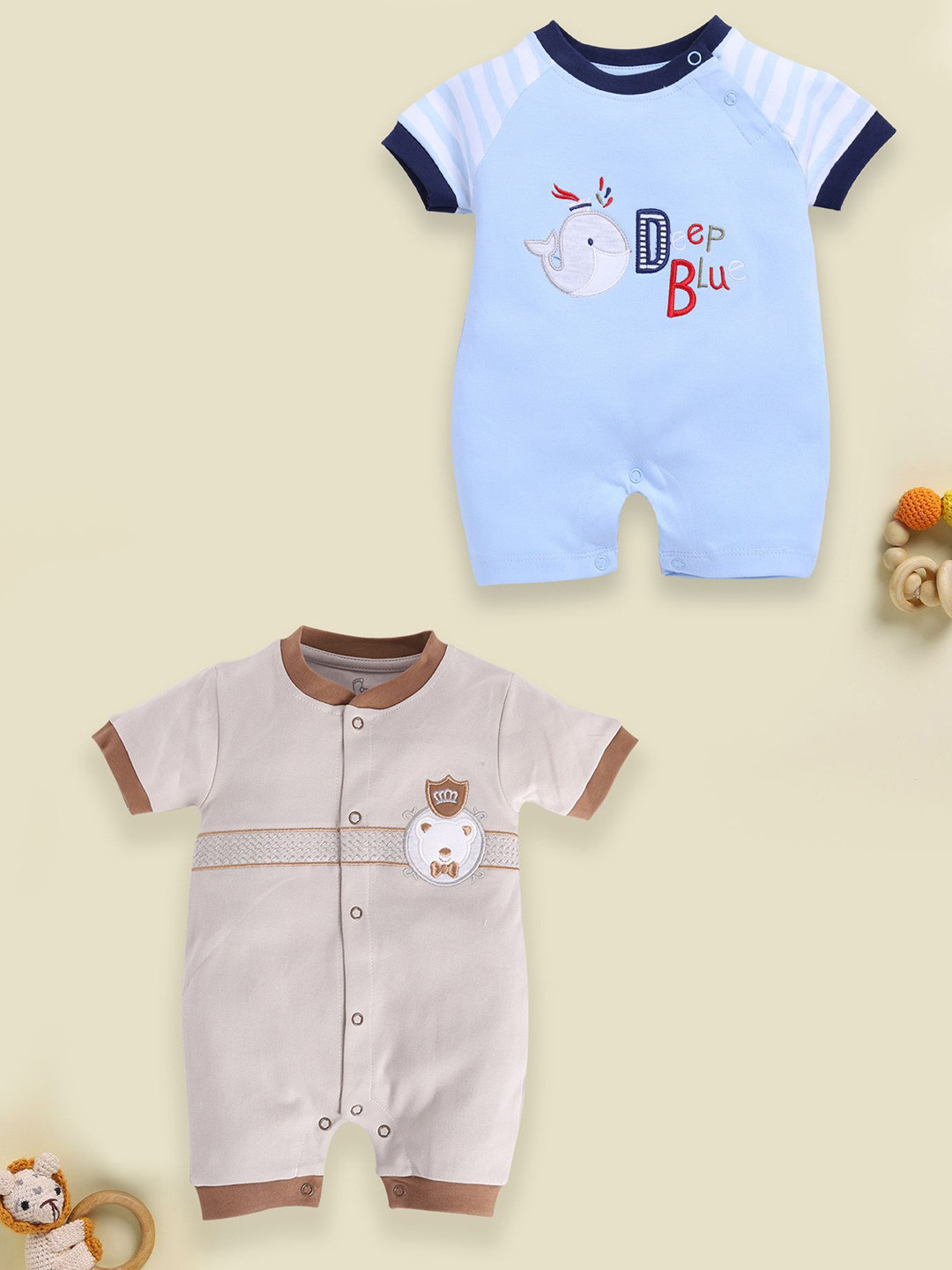 BABY GO Pack Of 2 Infant Boys Printed Pure Cotton Rompers