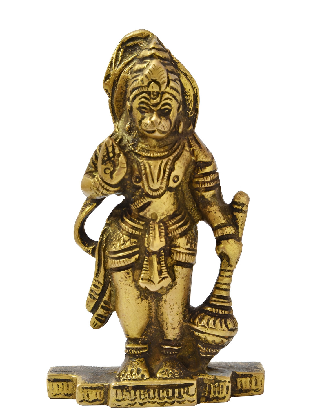 Exotic India Standing Lord Hanuman Gold Brass Metallic Prayer Room Hand Made Tiny Showpiece - 3.6 Inches