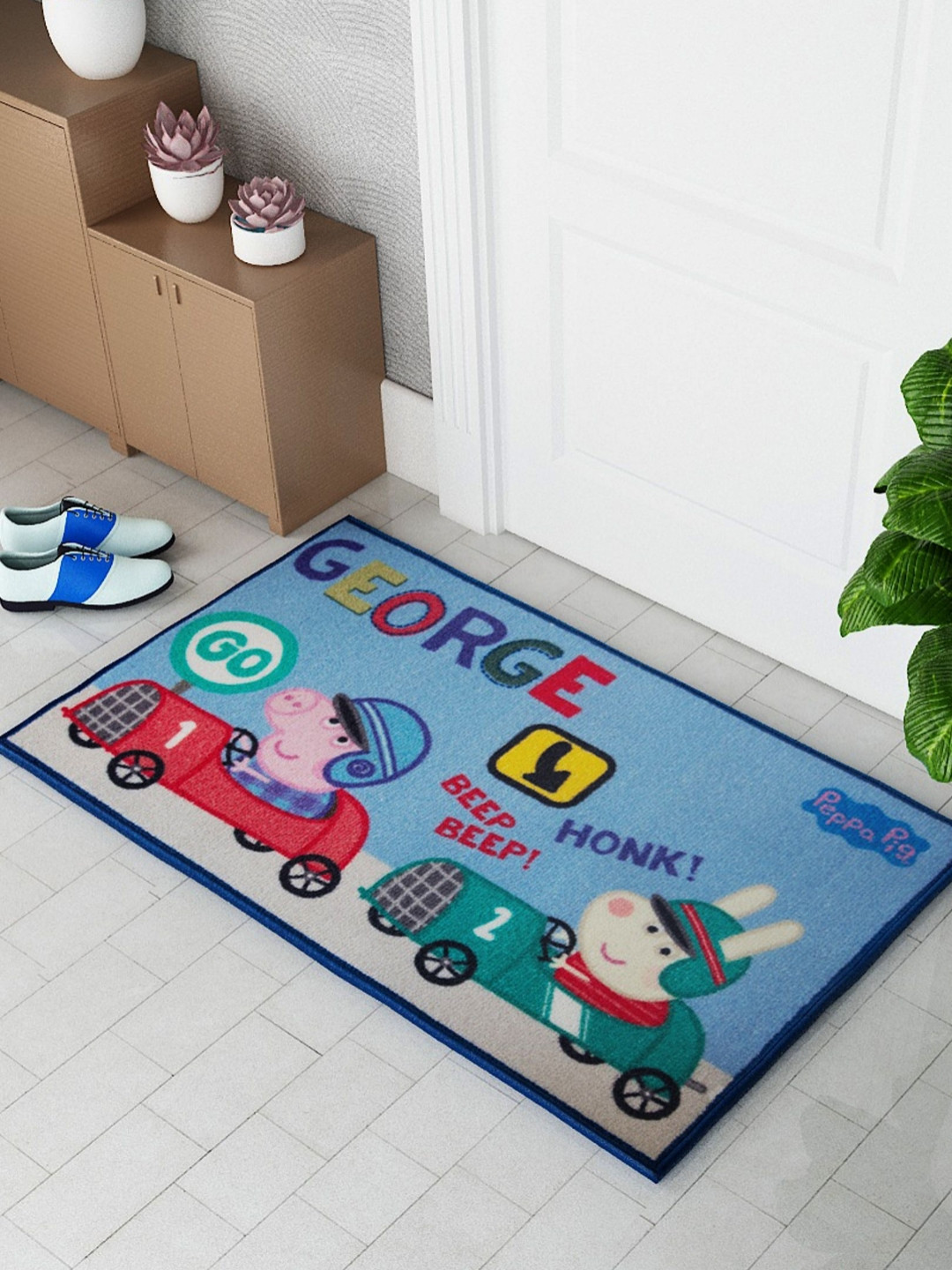 Athom Living Red & Blue Peppa Pig Travelling Themed Printed Anti skid Doormat