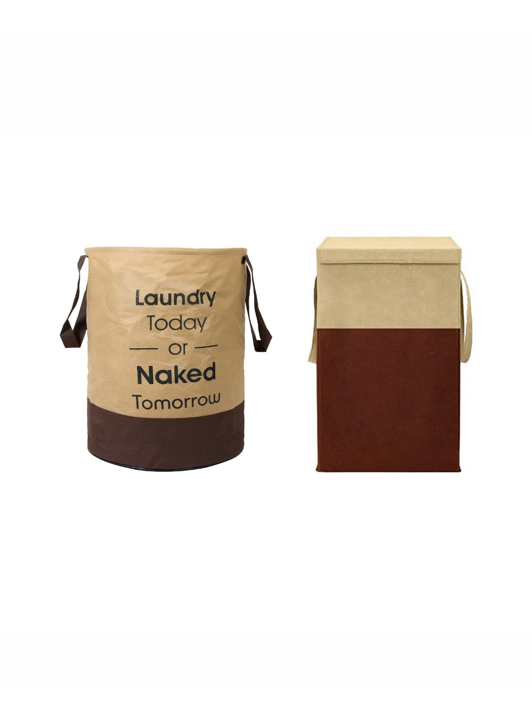 Aura 2-Pcs Beige & Brown Foldable Laundry Bags with Lid & Handles-68 l & 45 l