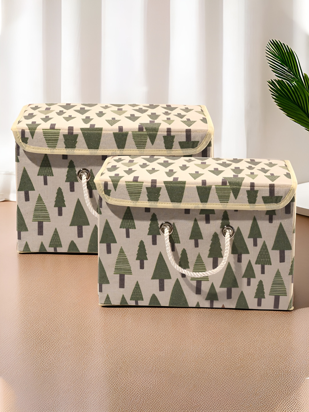 Myntra Elegant Homes 2 Pieces Cream & Green Tree-Print Foldable Drawer Organisers